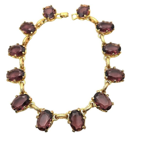 Antique Vintage Womens Necklace Purple Czech Oval Glass Cabochon 16 Inch Choker - Picture 2 of 6
